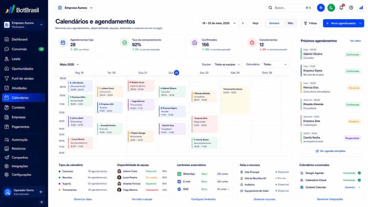 Calendário de agendamento online da BotBrasil com horários disponíveis e confirmação automática — BotBrasil para agendamento online