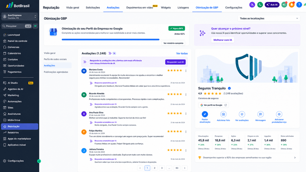 Painel de reputação online da BotBrasil com avaliações do Google, NPS e respostas automáticas — BotBrasil para agendamento online